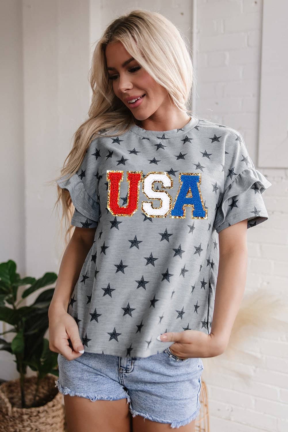 Gray Usa Letter Patched Star Printed Ruffle Trim Sleeves Loose Tee