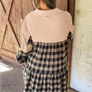 Black Plaid Waffle Knit Patchwork Collared V Neck Plus Size Mini Dress
