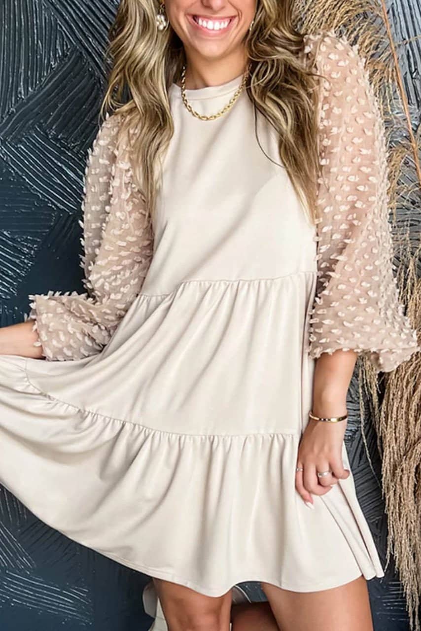 Beige Embellished Puff Sleeve Tiered A-Line Dress