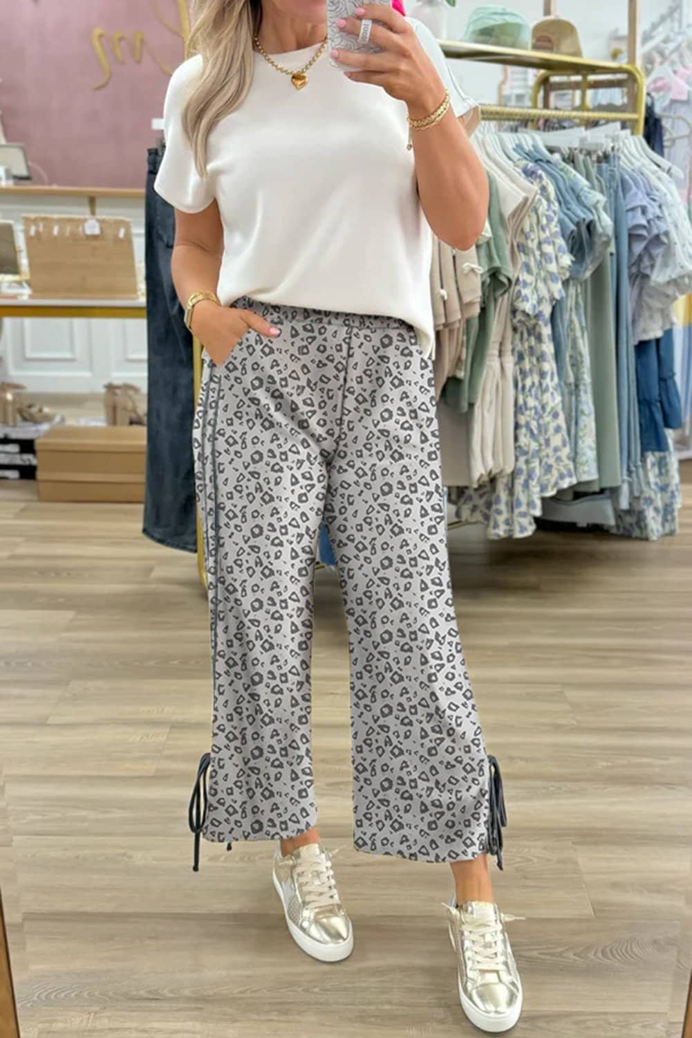 Gray Leopard High Waist Side Bow Straight Leg