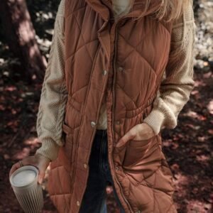 Coffee Longline Quilted Stand Collar Puffer Vest