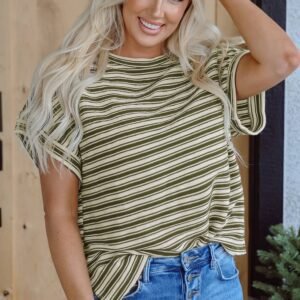 Green Stripe Textured Side Slits Crew Neck T Shirt