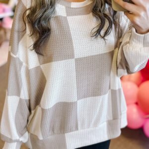 Khaki Checkered Print Breathable Textured Long Sleeve Top