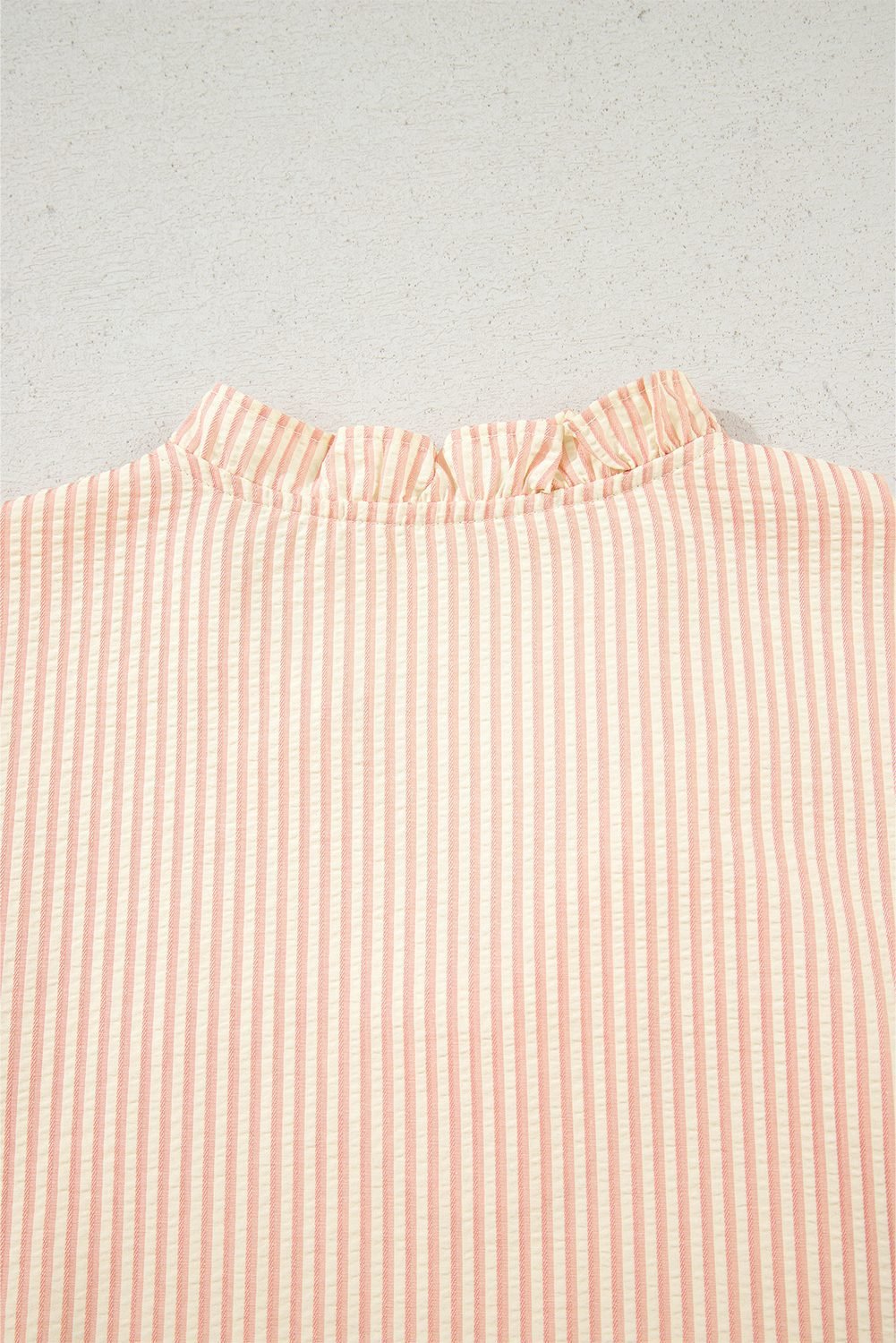 Pink Stripe Bow Knot Cuff Pearl Embellished Puff Sleeve V Neck Blouse