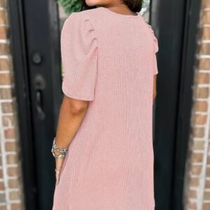 Blossom Corded Knit Crew Neck Puff Sleeve Shift Mini Dress