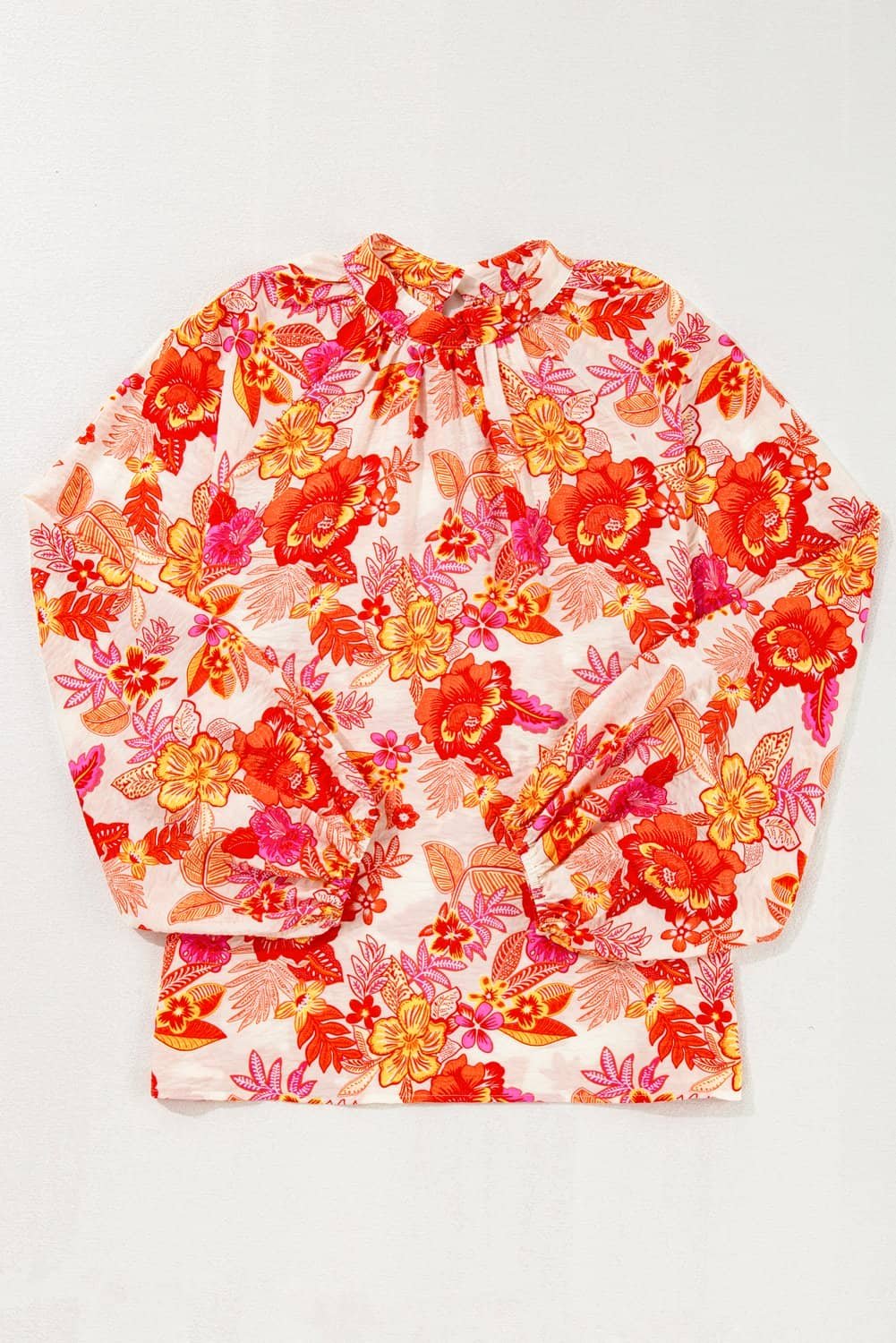 Orange Floral Print Pearl Button Keyhole Long Puff Sleeve Blouse