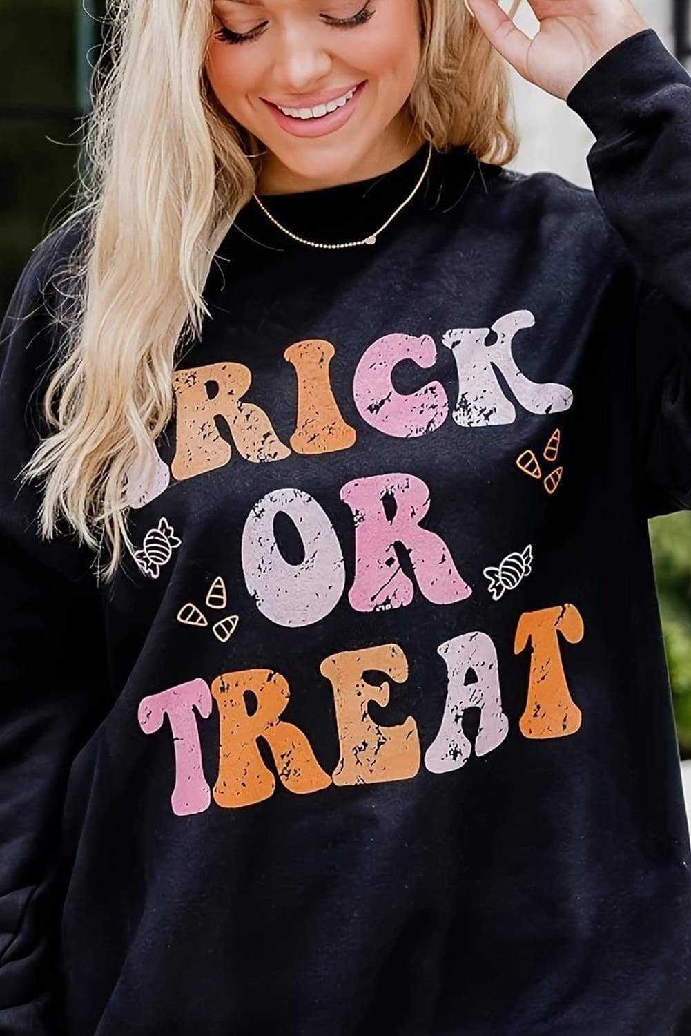 Black Trick Or Treat Graphic Crewneck Halloween Sweatshirt