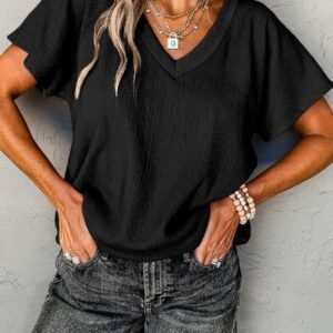 Black Crinkled V Neck Wide Sleeve T-Shirt