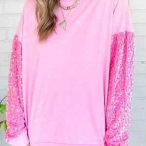 Pink Sequin Patchwork Long Sleeve Pullover Top