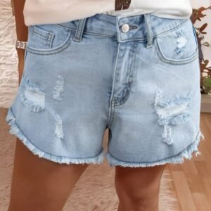 Beau Blue High Rise Distressed Raw Hem Denim Shorts