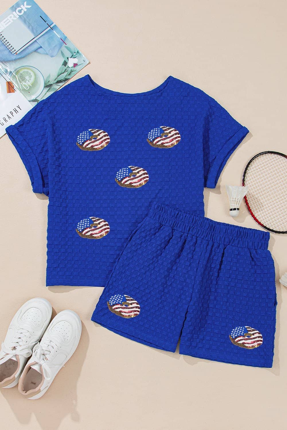 Sky Blue Textured Usa Flag Doughnut Graphic Buttoned Back Tee And Shorts