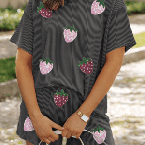 Carbon Grey Sequin Strawberry Patched Twist Ribbed Short 2Pcs Outfit