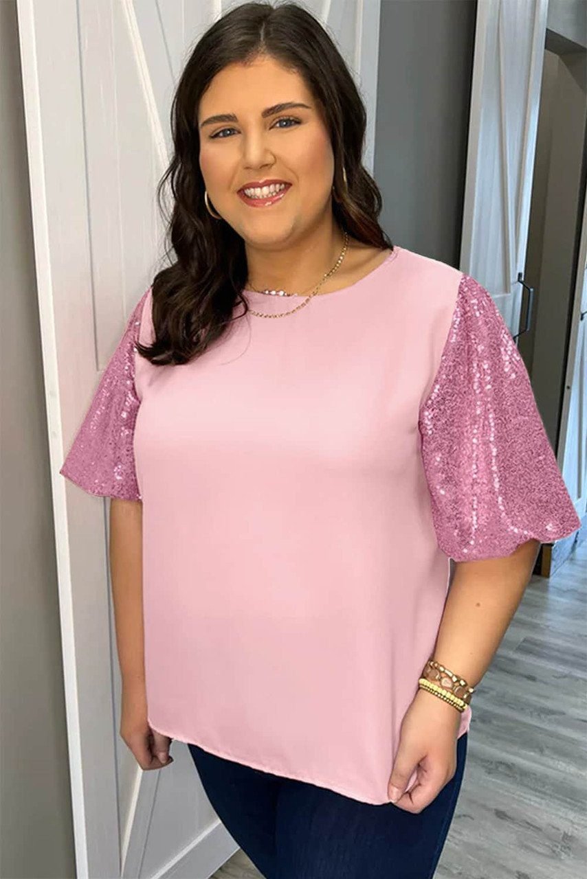 Pink Contrast Sequin Bubble Sleeve Plus Size T-Shirt