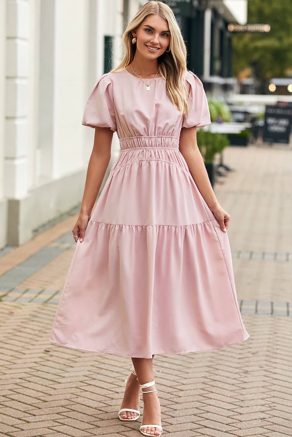 Pink Puff Sleeve Pleated High Waist Flowy Midi Dress