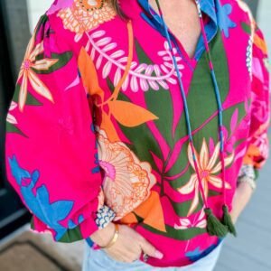 Rose Blooming Flower Print Ruffled Puff Sleeve Blouse