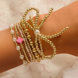 Gold Bow Knot Pearl Decor Beaded Plated Layered Bracelet