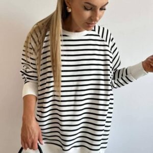 Black Stripe Raglan Sleeve Side Slits Loose Sweatshirt