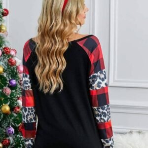 Black Off Shoulder Plaid&Leopard Print Long Sleeve Top