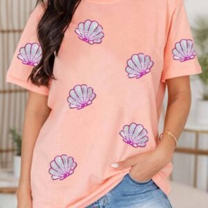 Pink Sequin Shell Graphic Round Neck T Shirt