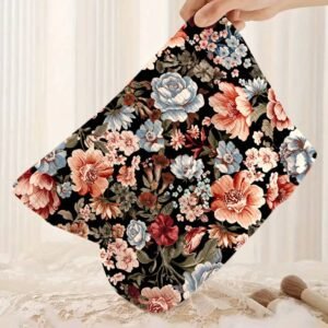 Black Flower Print Zipper Ribbed Corduroy Large Makeup Bag