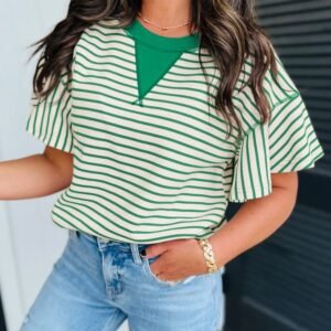 Bright Green Contrast Detail Striped Ruffle Short Sleeve Top