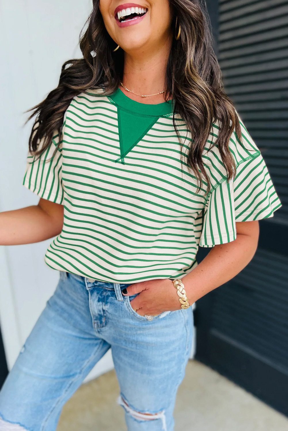 Bright Green Contrast Detail Striped Ruffle Short Sleeve Top