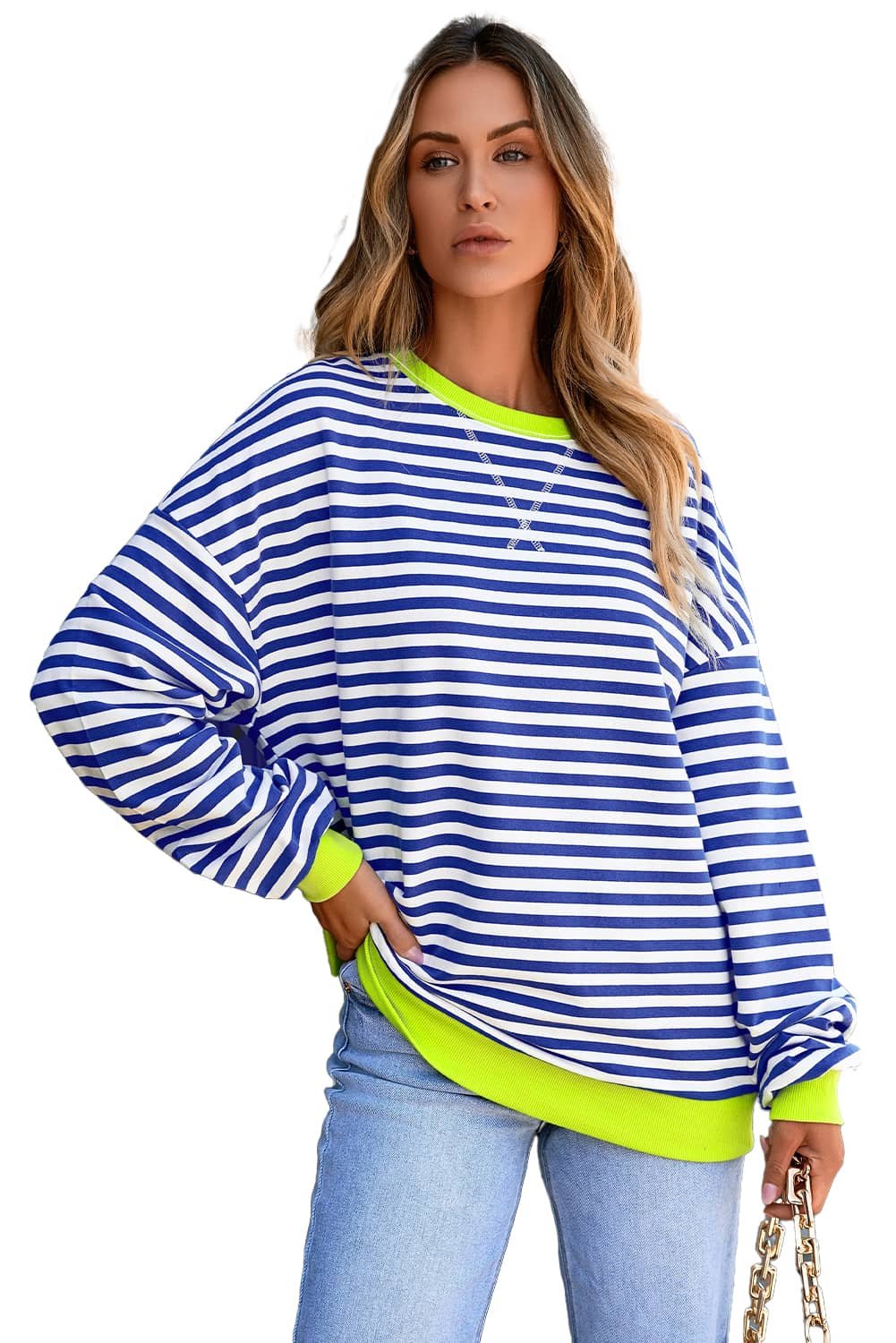 Sky Blue Stripe Striped Contrast Ribbed Trim Drop Shoulder Baggy Sweatshirt