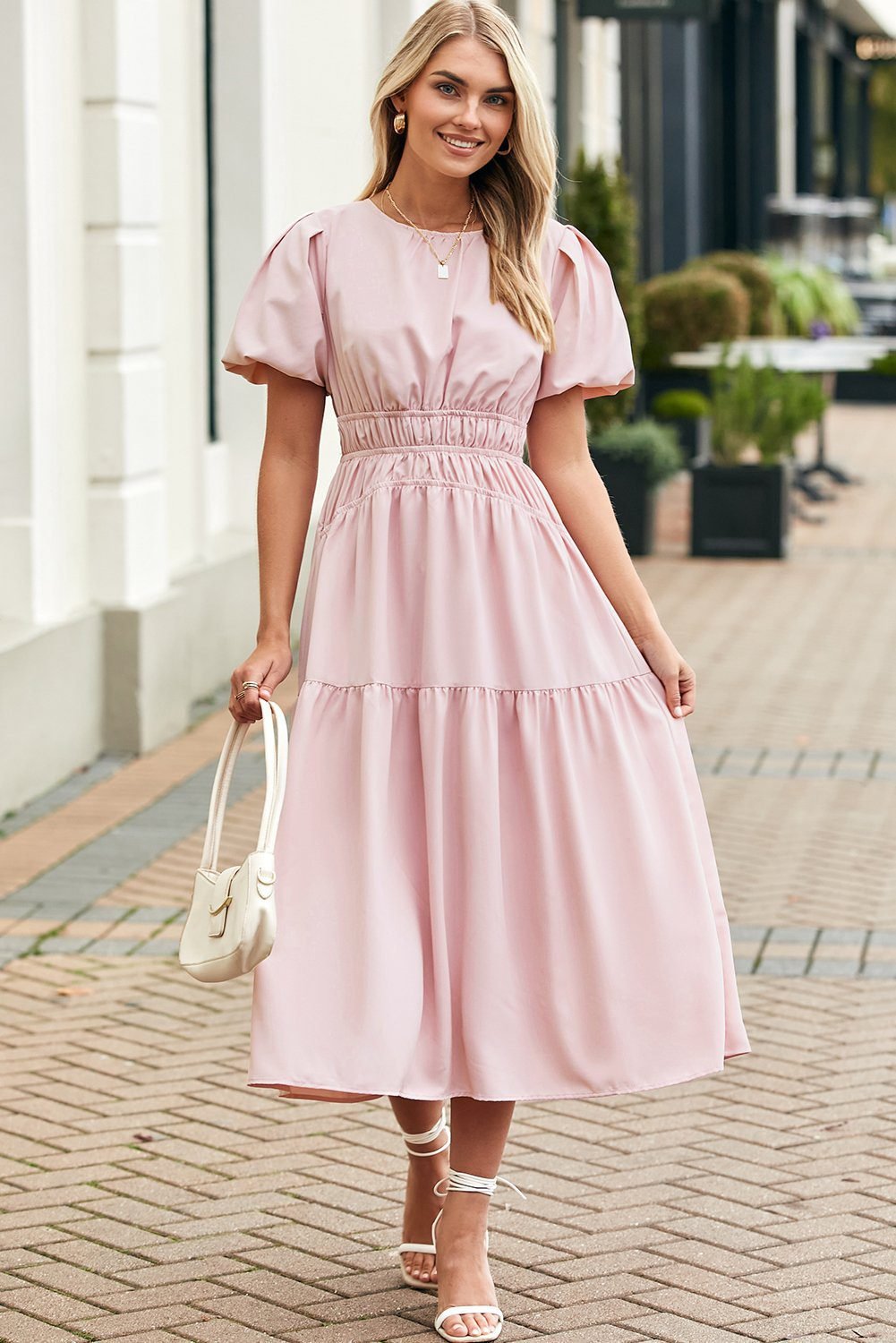 Pink Puff Sleeve Pleated High Waist Flowy Midi Dress