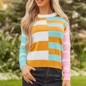 Jurassic Gold Color Block Striped Pullover Sweater