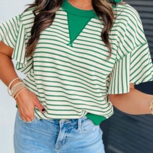 Bright Green Contrast Detail Striped Ruffle Short Sleeve Top