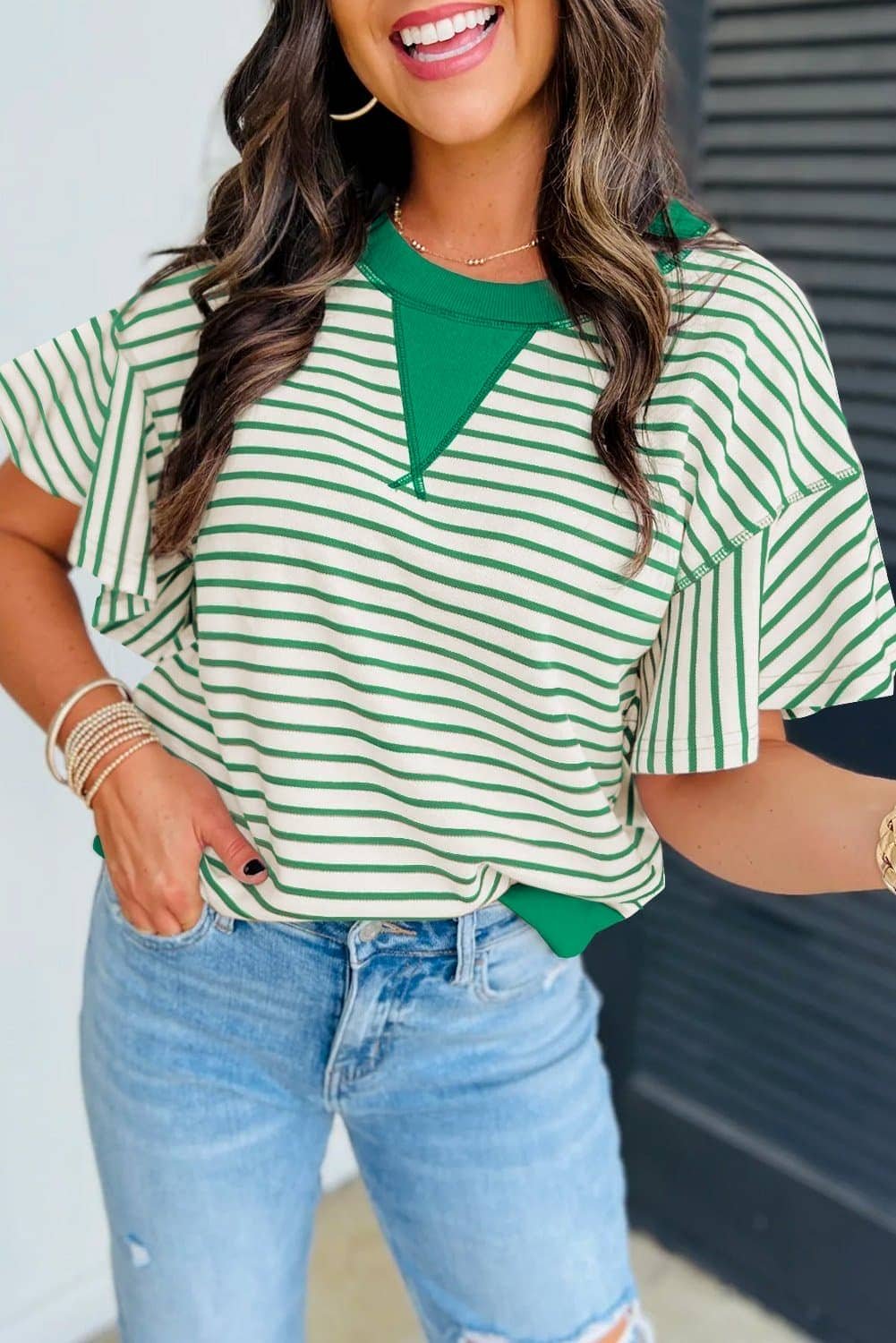 Bright Green Contrast Detail Striped Ruffle Short Sleeve Top