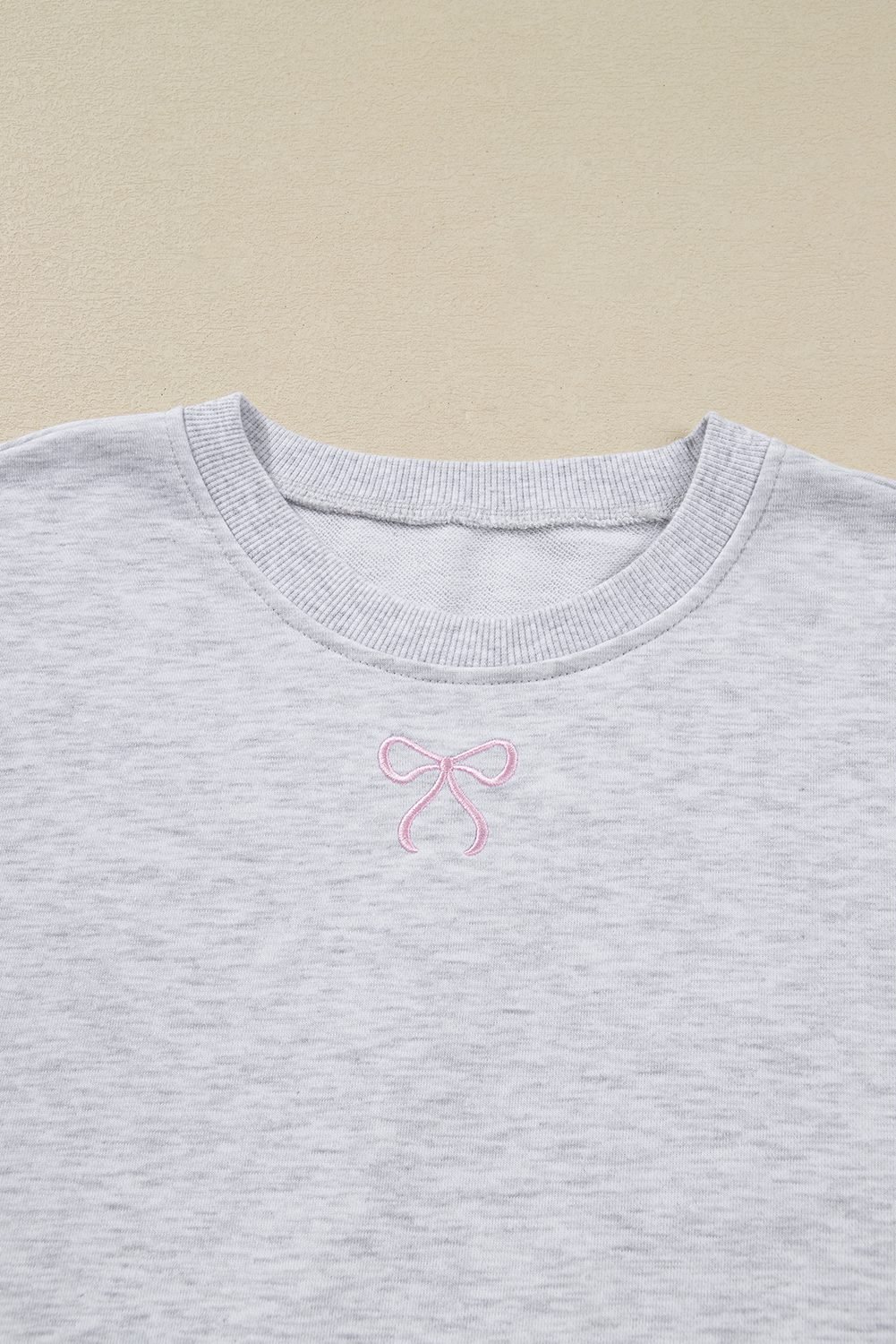 Light Grey Girly Bow Embroidered Puff Sleeve Pullover Loose Shorts Plus 2Pcs Outfit