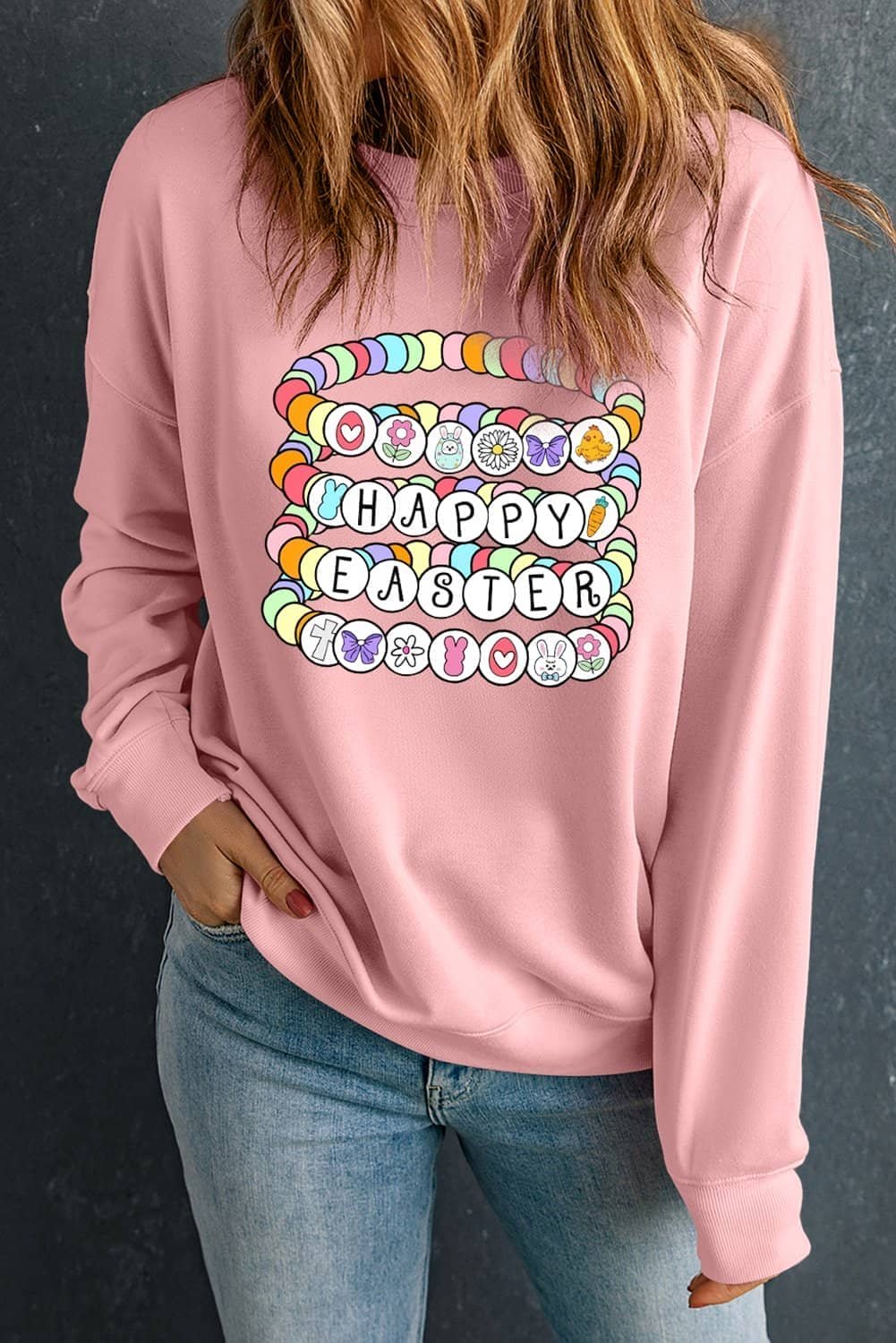 Pink Happy Easter Bracelet Print Drop Shoulder Sweatshirt
