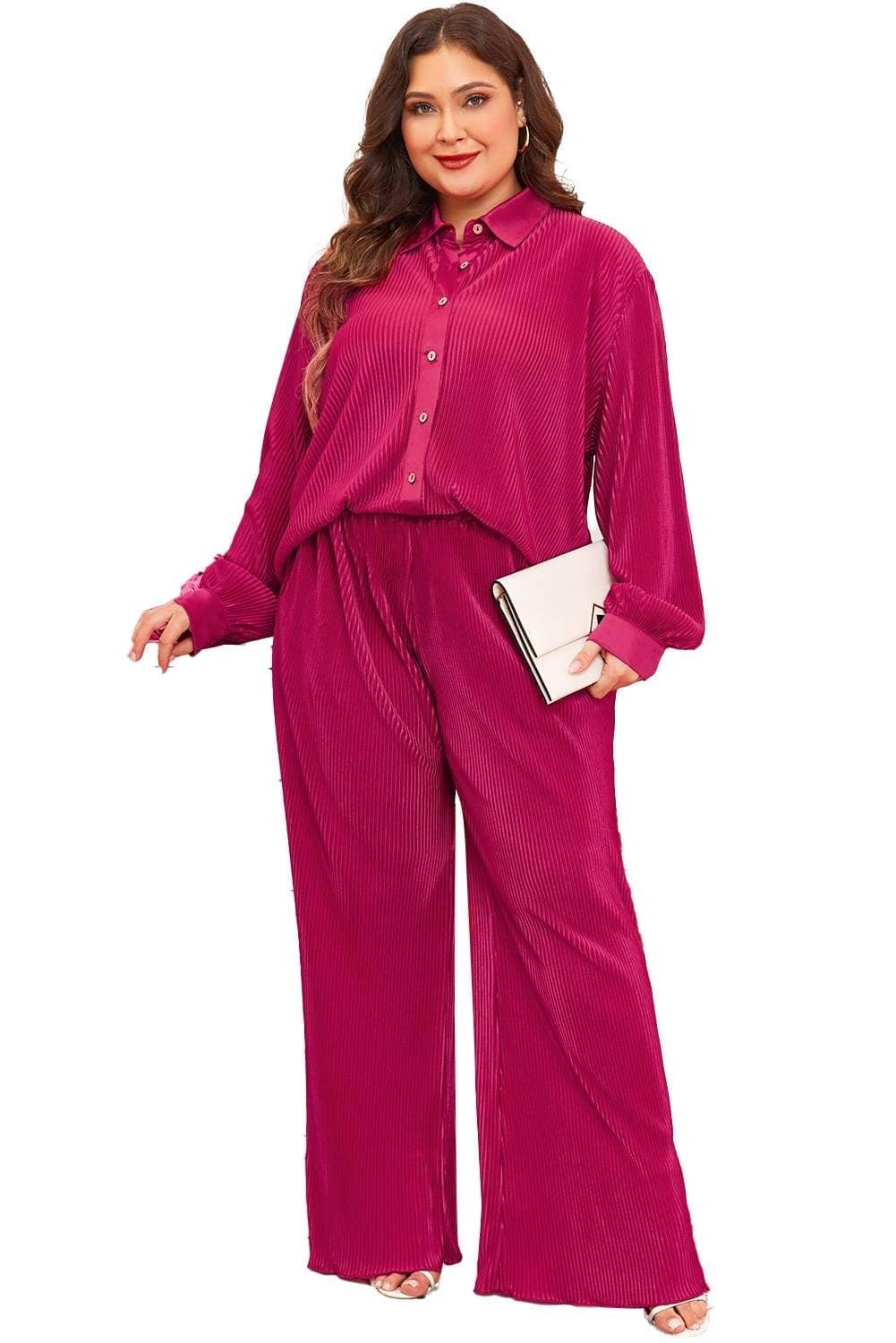 Rose Red Plus Size Ribbed Long Sleeve Shirt And Pants Pajama Set