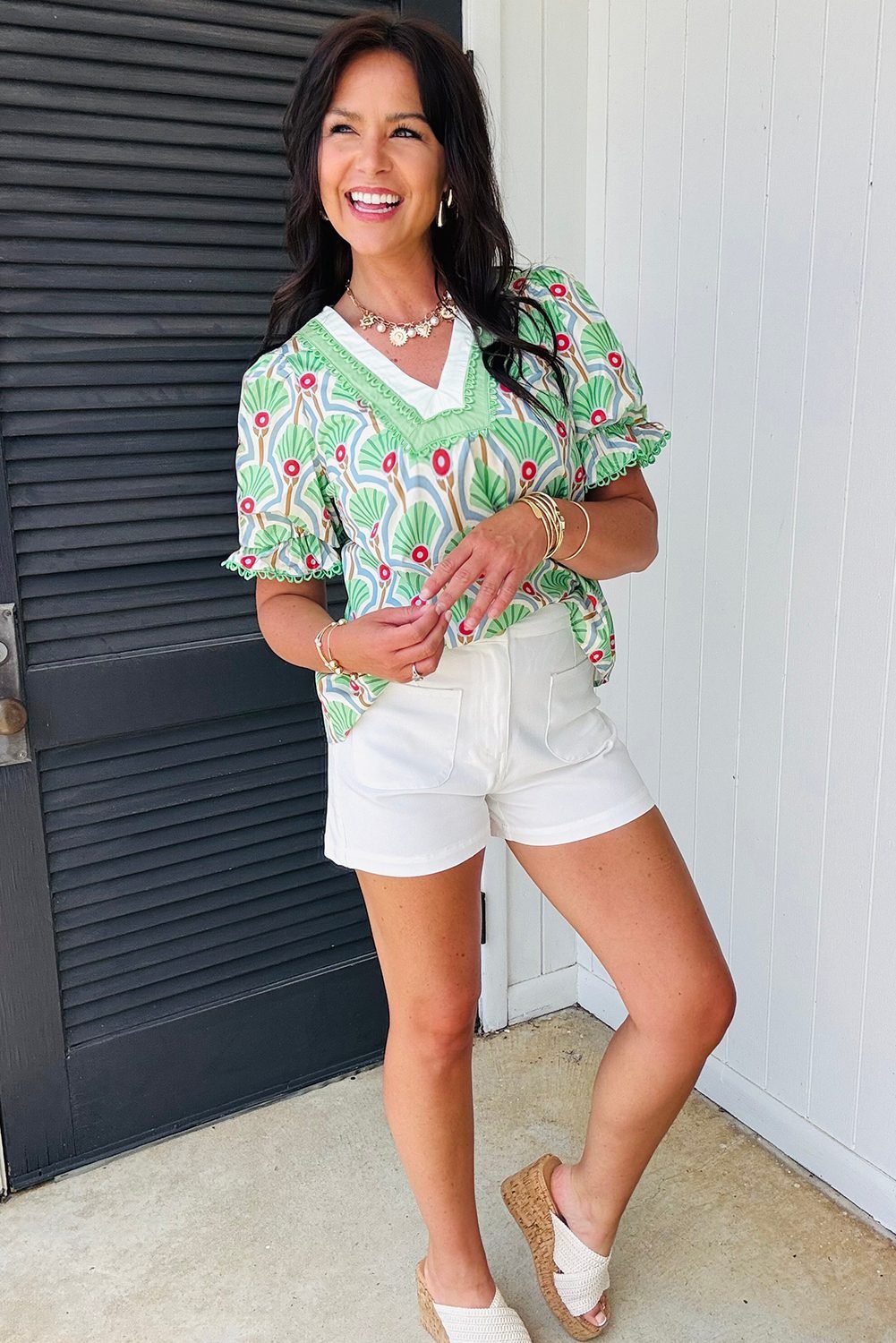 Green Floral Print Ricrac Trim Contrast V Neck Bubble Sleeve Summer Blouse