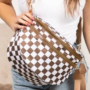 Chestnut Checkered Print Wide Strap Large Crossbody Bag