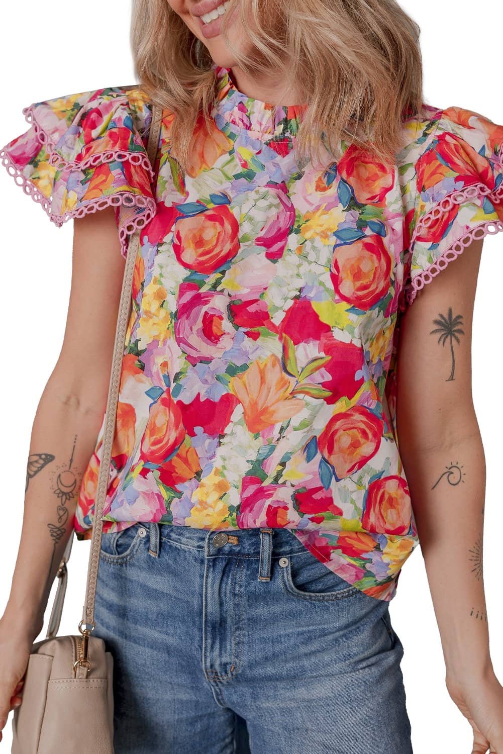 Multicolour Lace Trim Ruffle Short Sleeve Floral Blouse