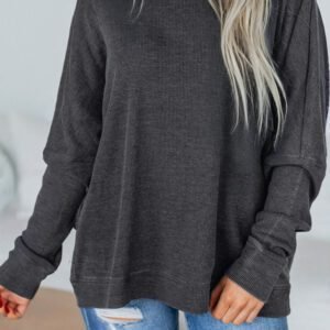 Dark Grey Waffle Knit Patchwork Long Sleeve Loose Top