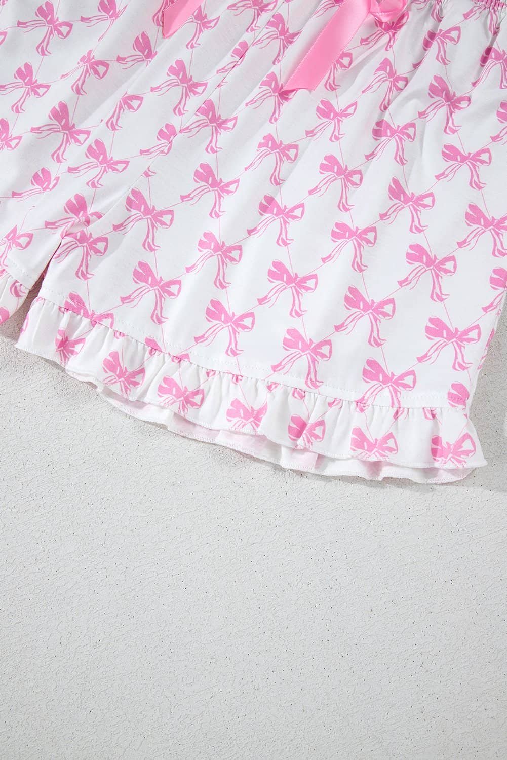 Pink Bowknot Printed Short Sleeve And Ruffled Shorts Valentines Pajama Set