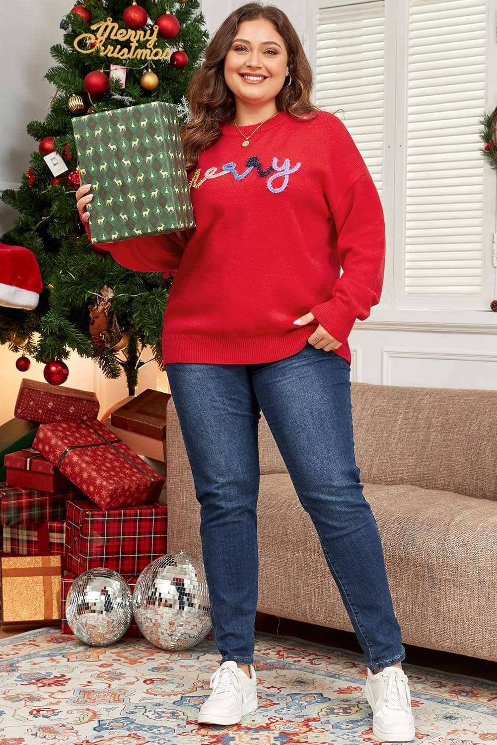 Fiery Red Tinsel Merry Pattern Drop Shoulder Plus Size Sweater