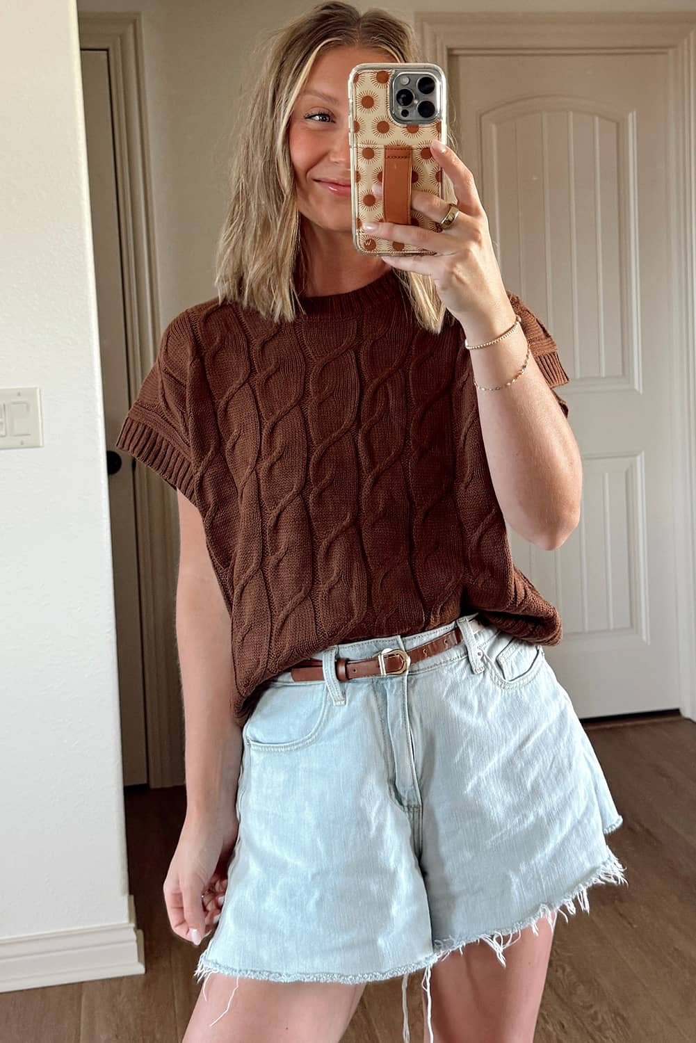 Dark Brown Cable Texture Crew Neck Short Sleeve Sweater Top