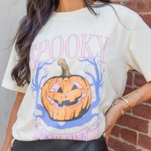 White Spooky Pumpkin Print Round Neck Halloween T Shirt