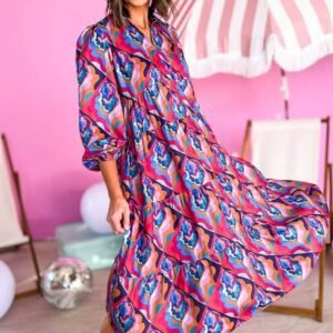 Abstract Geometric Print Long Sleeve High Waist Dress