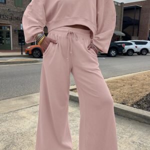 Light Pink Drop Shoulder Puff Sleeve Crop Pullover Drawstring Wide Leg Pants Set