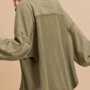 Moss Green Waffle Knit Patchwork Buttoned Oversized Shacket