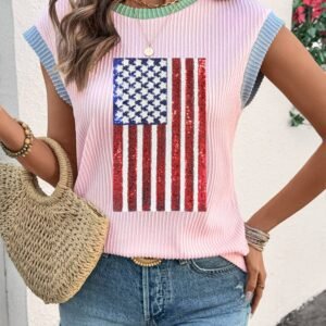 Pink Colorblock Edge Twisted Rib Texture Sequin American Flag Casual T Shirt