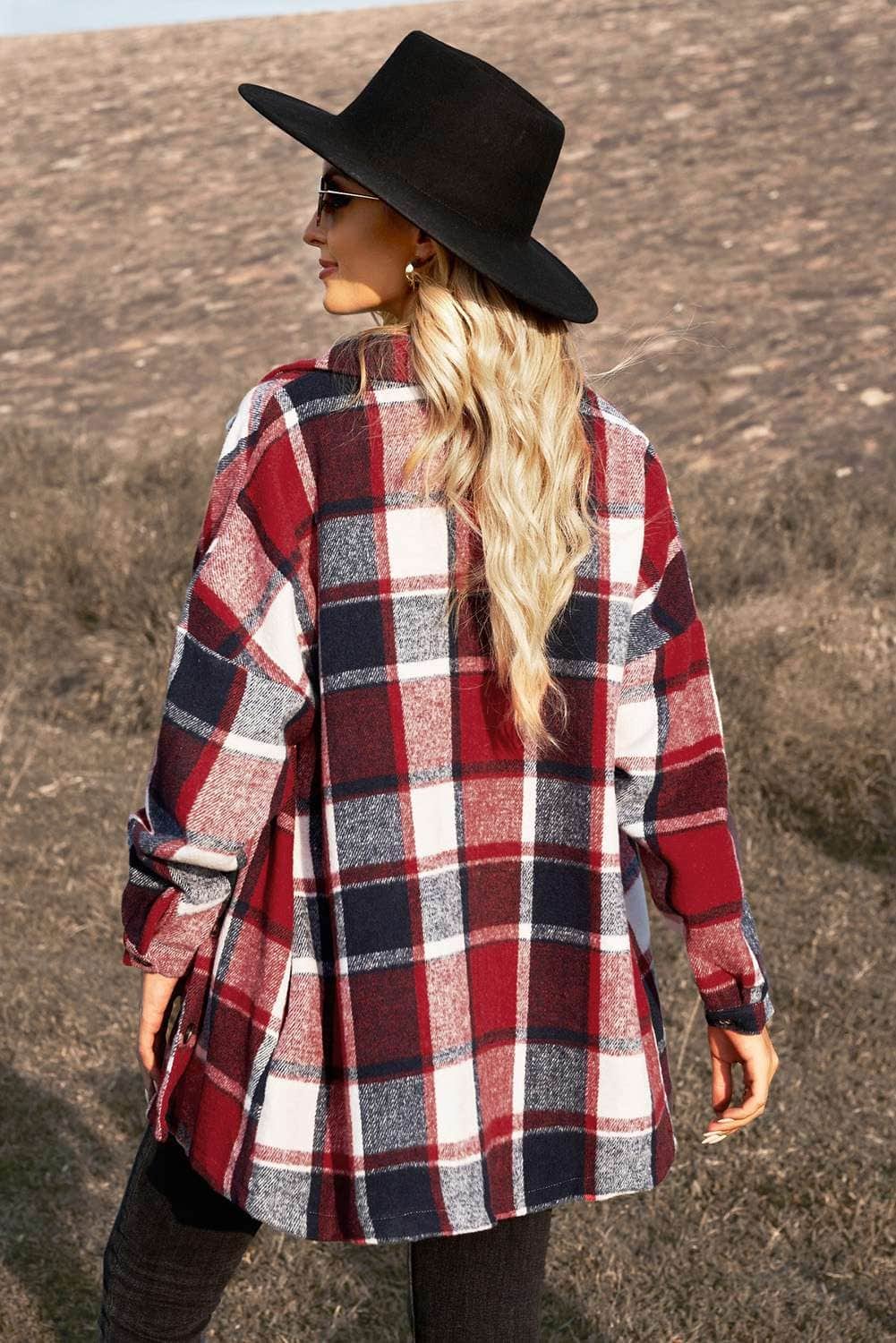 Red Plaid Print Buttoned Shirt Jacket