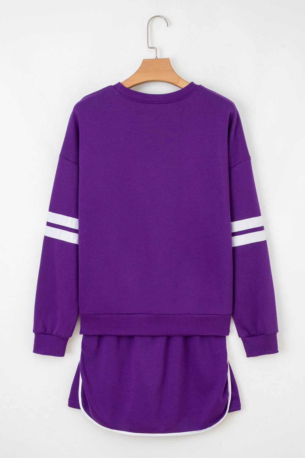 Tillandsia Purple Varsity Stripe Detail Drop Shoulder Pullover Mini Skirt Set