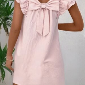Light Pink Textured Flutter Sleeve Square Neck Bow Back Mini Dress