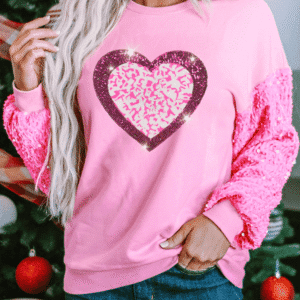 Pink Leopard Heart Graphic Sequin Patchwork Long Sleeve Valentines Top